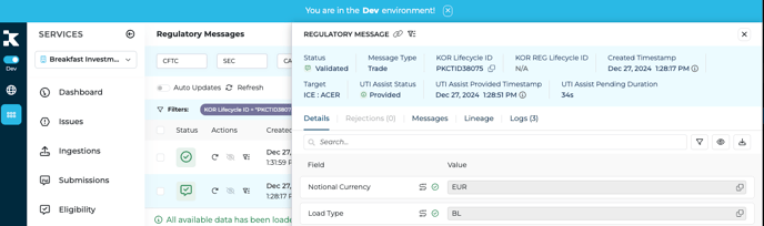 screenshot of UTI Assist attributes on a Regulatory Message.